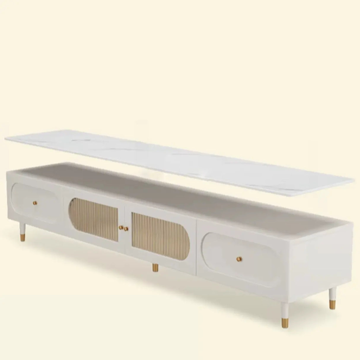 White Stone Drawers Shelves Long Rectangle TV Stand Image - 9