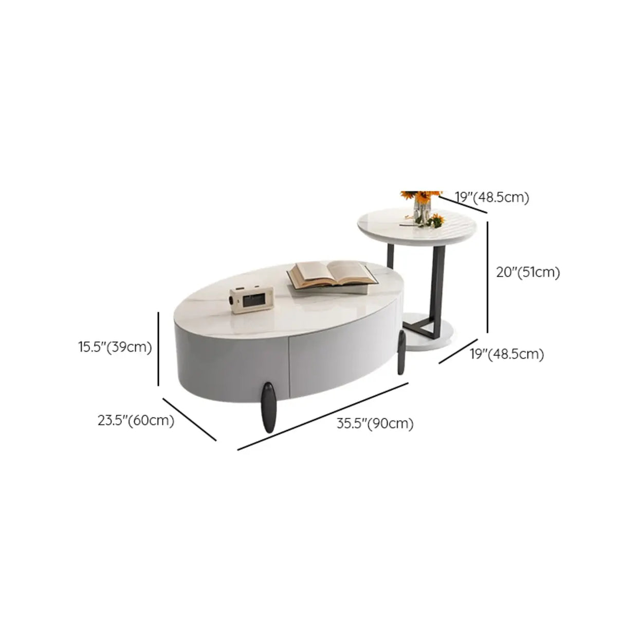 White Stone Nesting Round Coffee Table with Storage