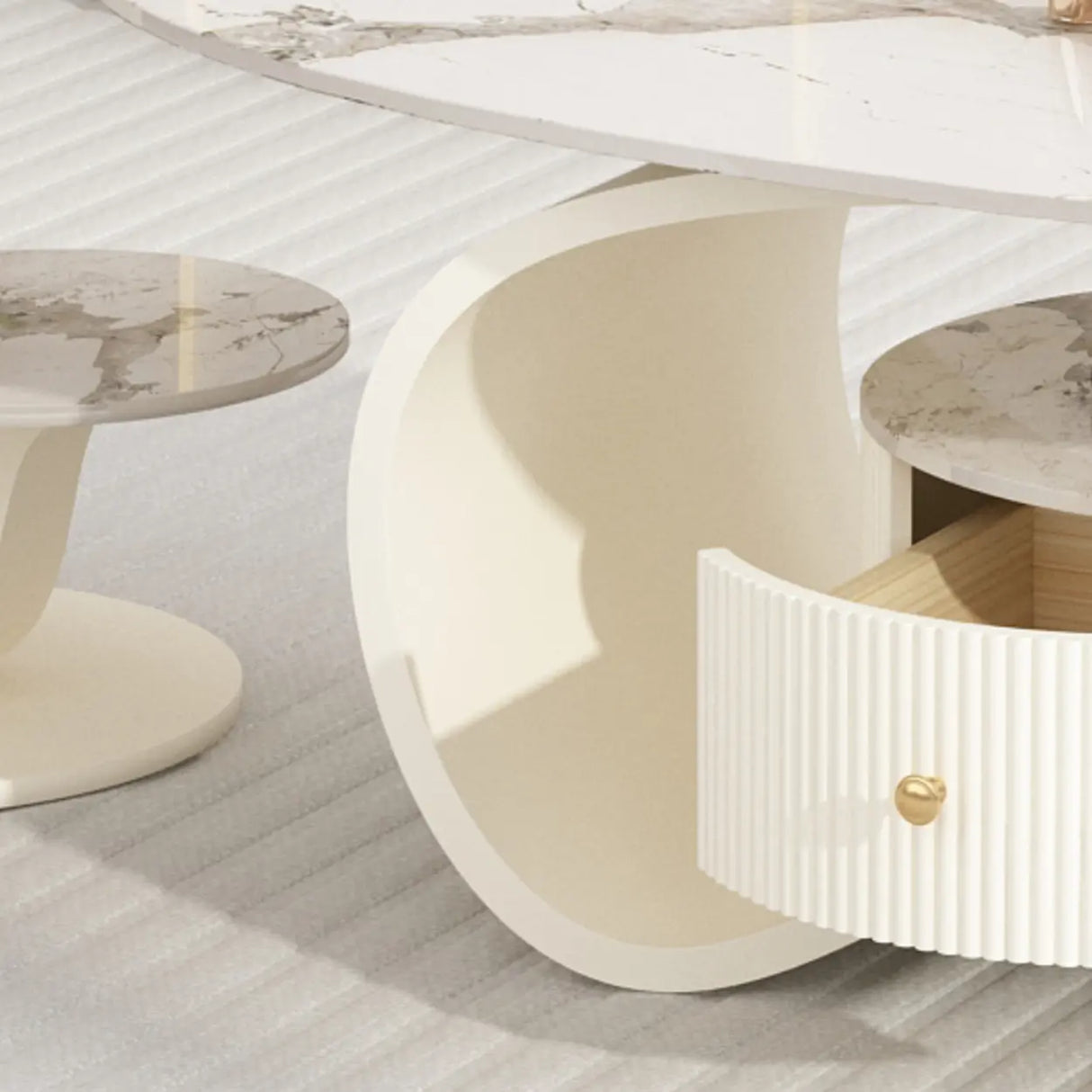 White Stone Oval Abstract Base Coffee Table with Drawer Image - 10