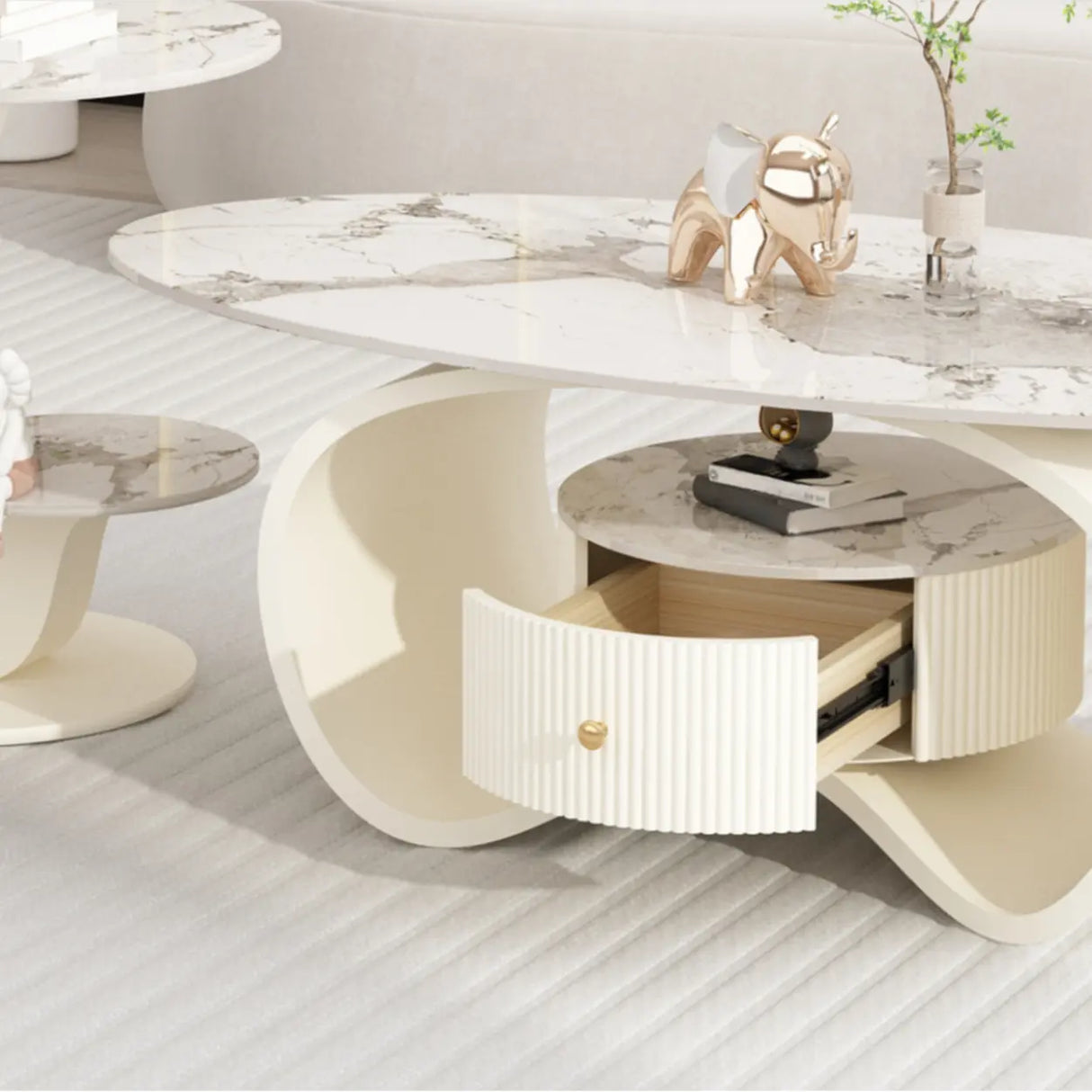 White Stone Oval Abstract Base Coffee Table with Drawer Image - 11