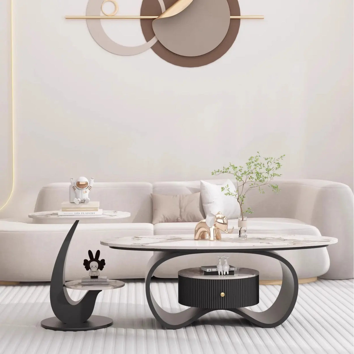 White Stone Oval Abstract Base Coffee Table with Drawer Image - 1