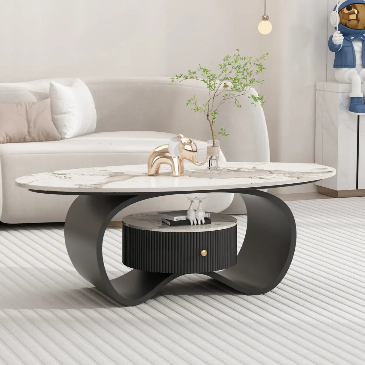 White Stone Oval Abstract Base Coffee Table with Drawer Image - 2