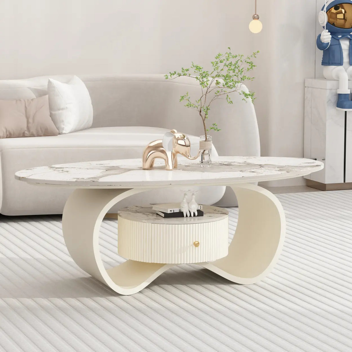 White Stone Oval Abstract Base Coffee Table with Drawer Image - 3
