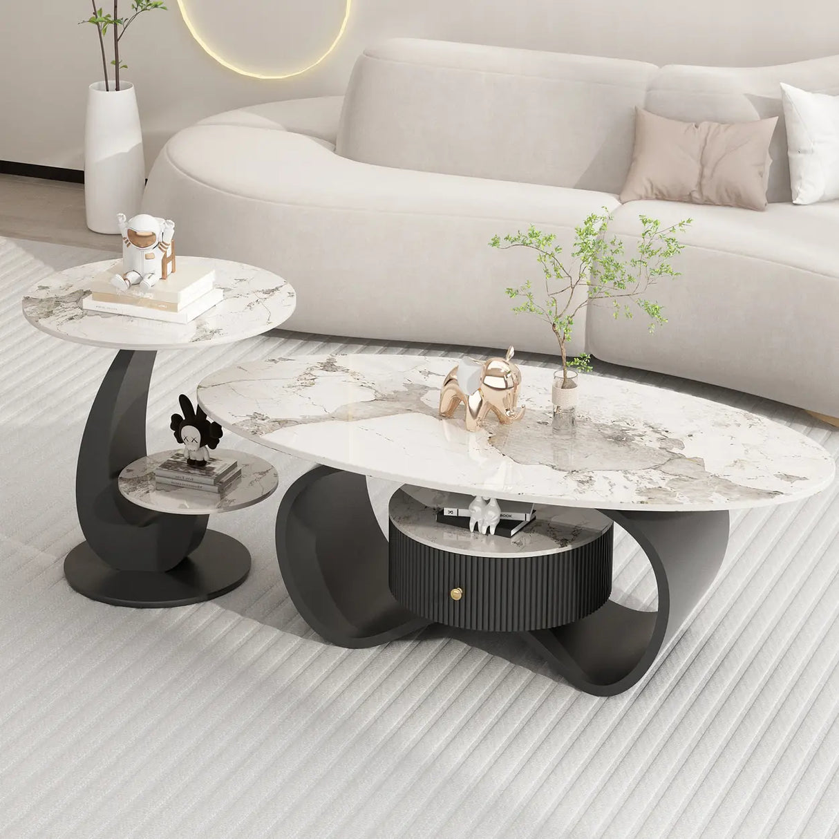 White Stone Oval Abstract Base Coffee Table with Drawer Image - 6