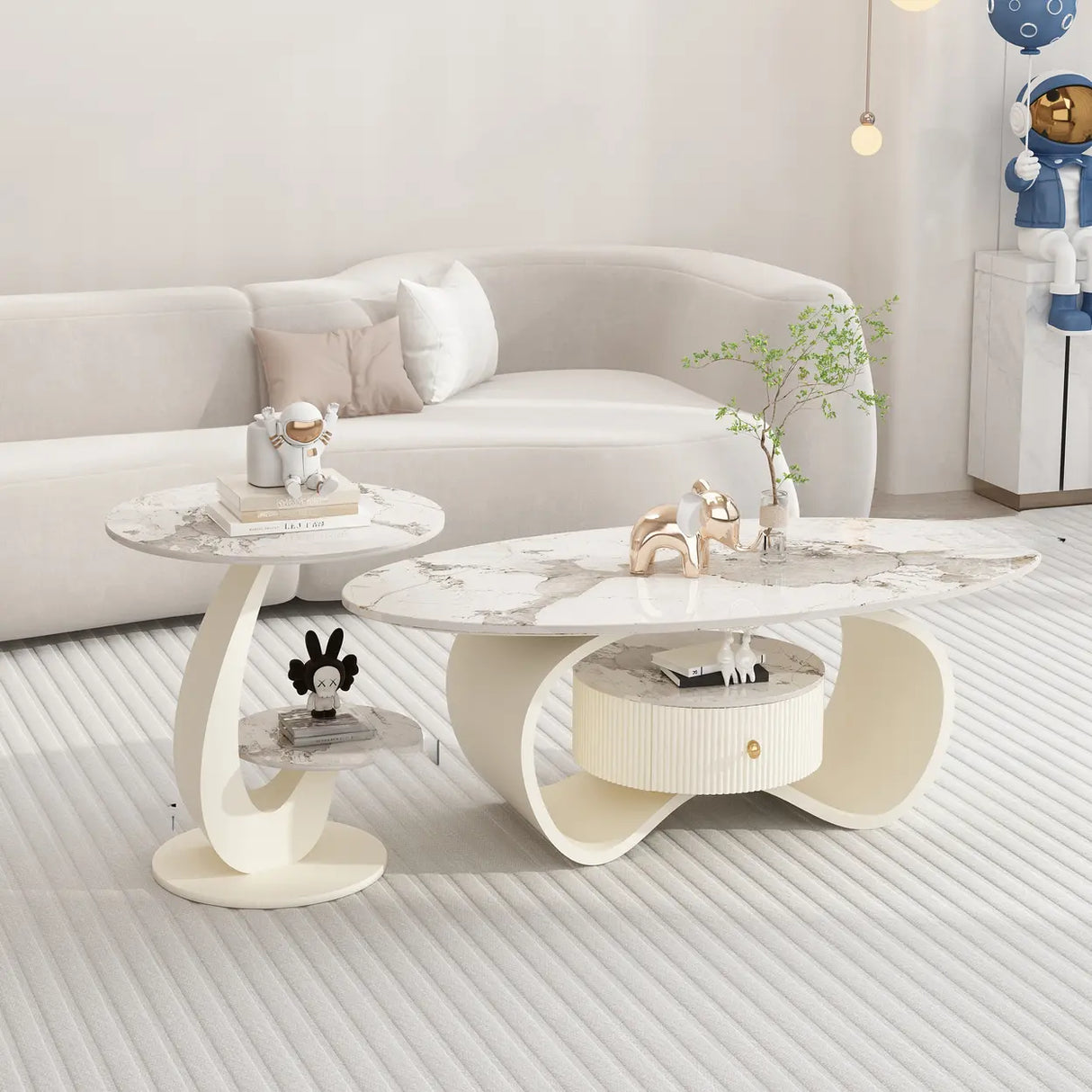 White Stone Oval Abstract Base Coffee Table with Drawer Image - 7