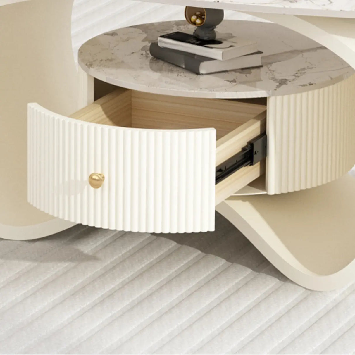 White Stone Oval Abstract Base Coffee Table with Drawer Image - 8