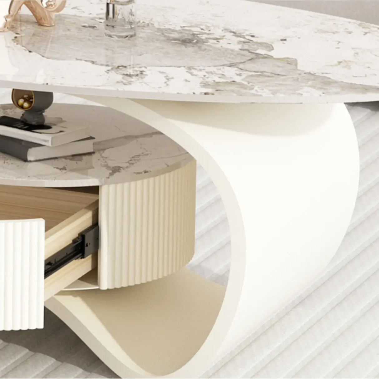 White Stone Oval Abstract Base Coffee Table with Drawer Image - 9