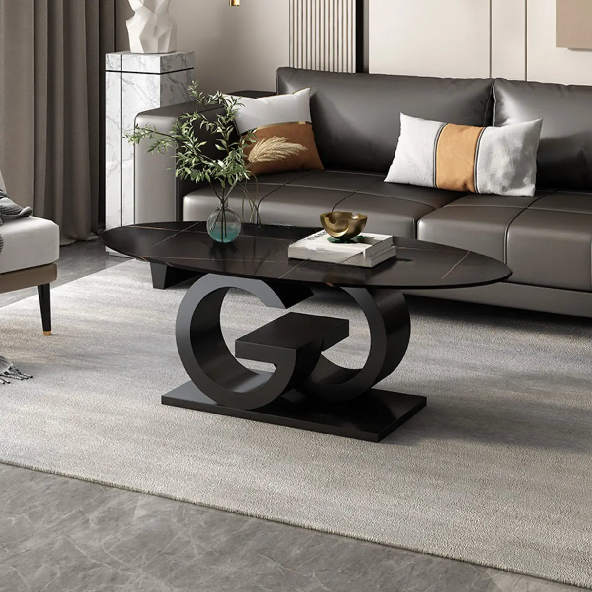 White Stone Oval Abstract Steel Base Coffee Table Image - 11