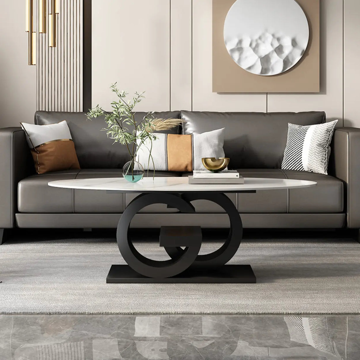 White Stone Oval Abstract Steel Base Coffee Table Image - 1