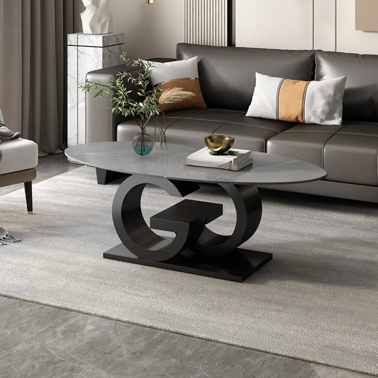 White Stone Oval Abstract Steel Base Coffee Table Image - 4