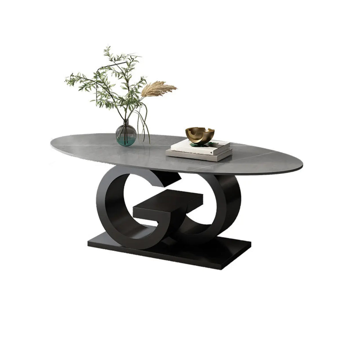 White Stone Oval Abstract Steel Base Coffee Table Image - 6