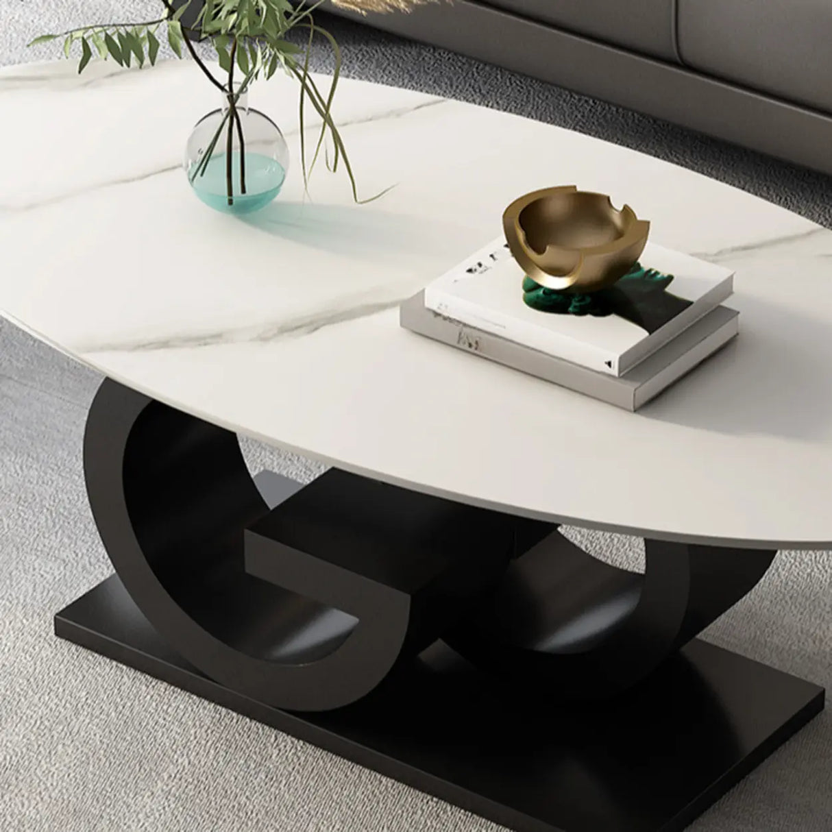 White Stone Oval Abstract Steel Base Coffee Table Image - 7