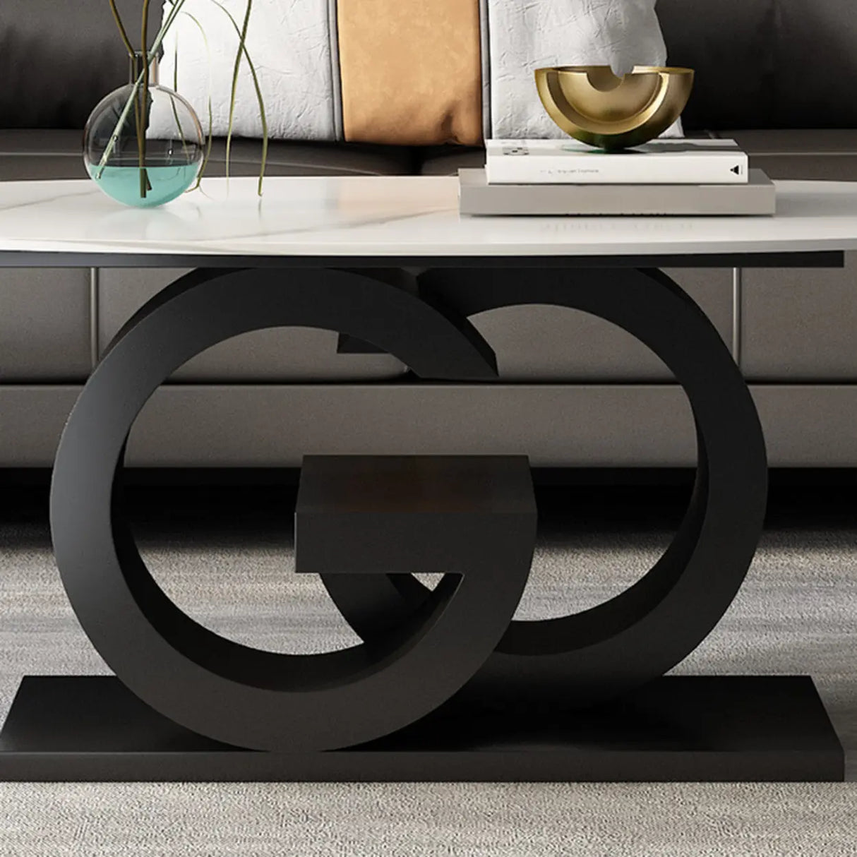 White Stone Oval Abstract Steel Base Coffee Table Image - 8