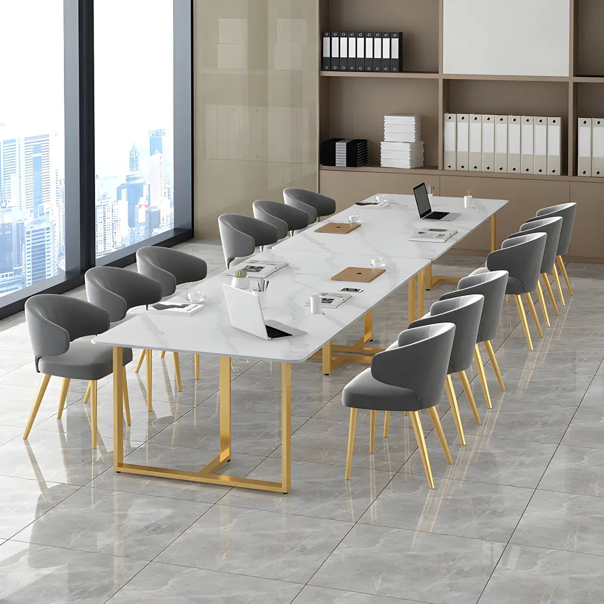 White Stone Rectangle Gold Steel Sled Conference Desk Image - 1