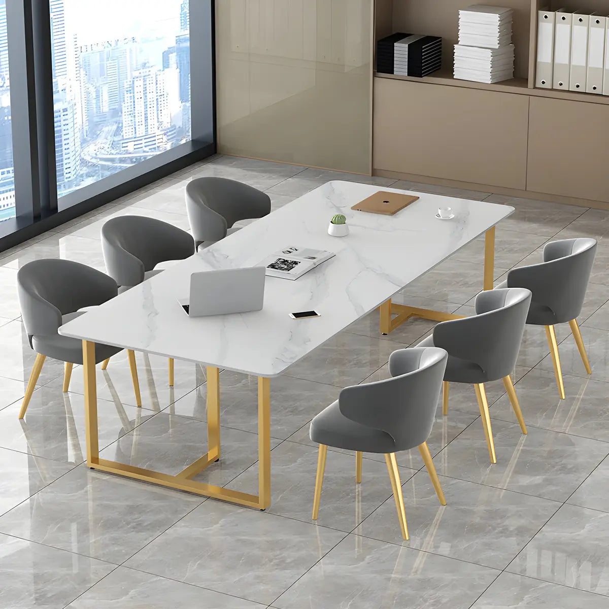 White Stone Rectangle Gold Steel Sled Conference Desk Image - 2
