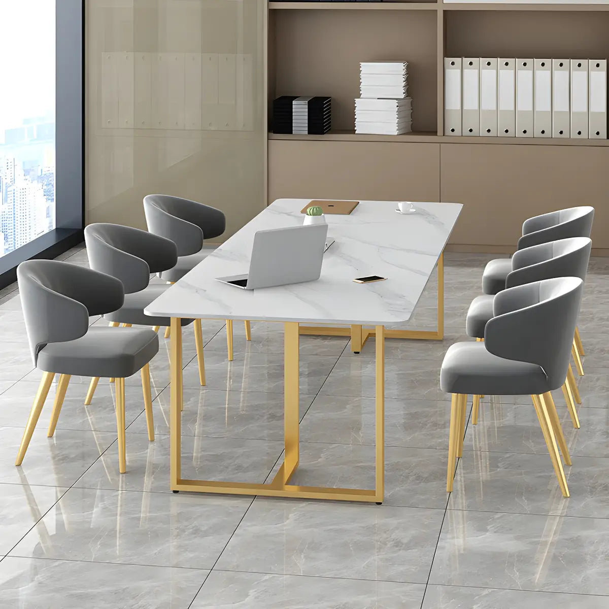White Stone Rectangle Gold Steel Sled Conference Desk Image - 3
