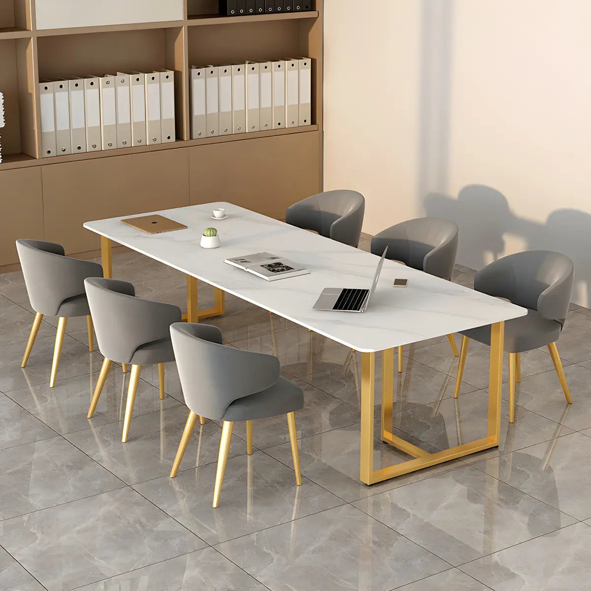 White Stone Rectangle Gold Steel Sled Conference Desk Image - 4