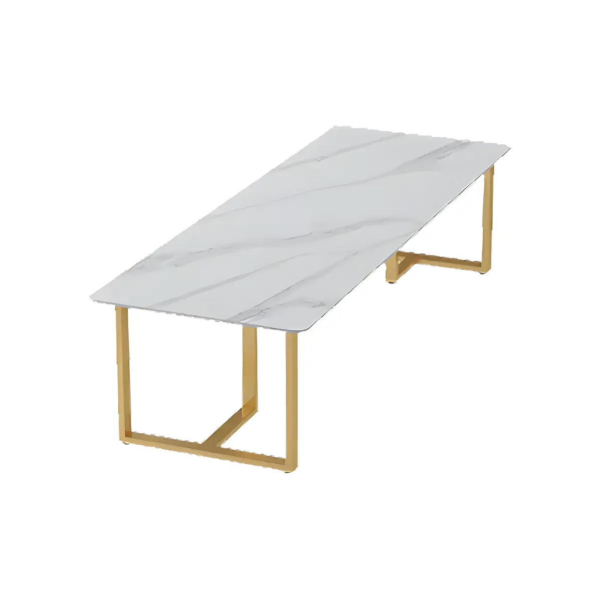 White Stone Rectangle Gold Steel Sled Conference Desk Image - 5