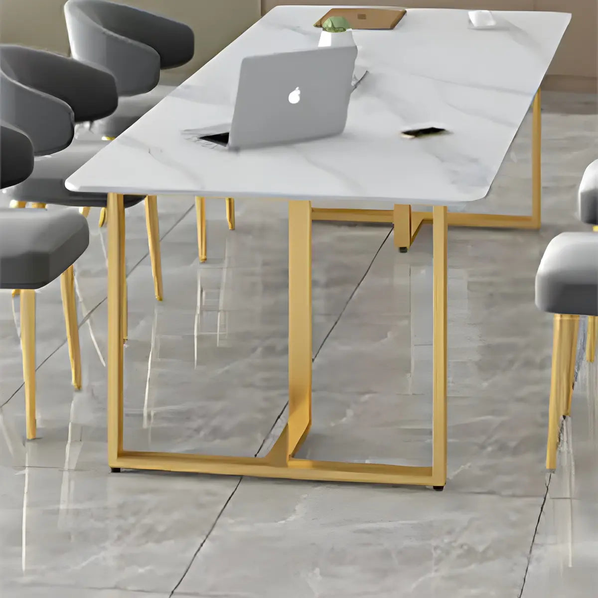 White Stone Rectangle Gold Steel Sled Conference Desk Image - 6