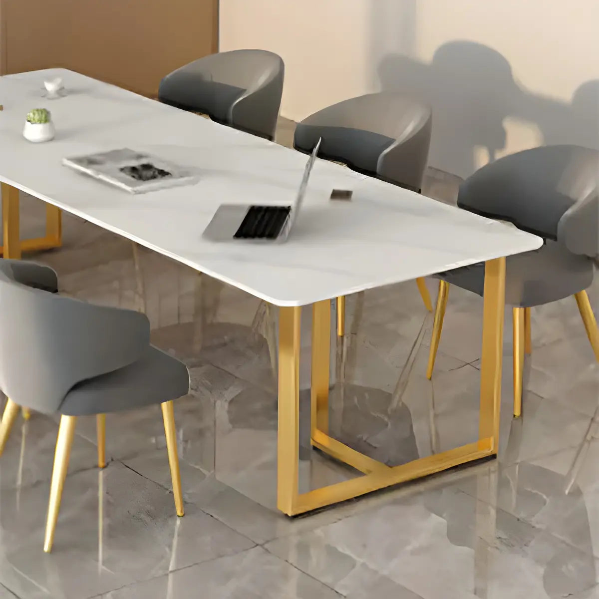 White Stone Rectangle Gold Steel Sled Conference Desk Image - 7
