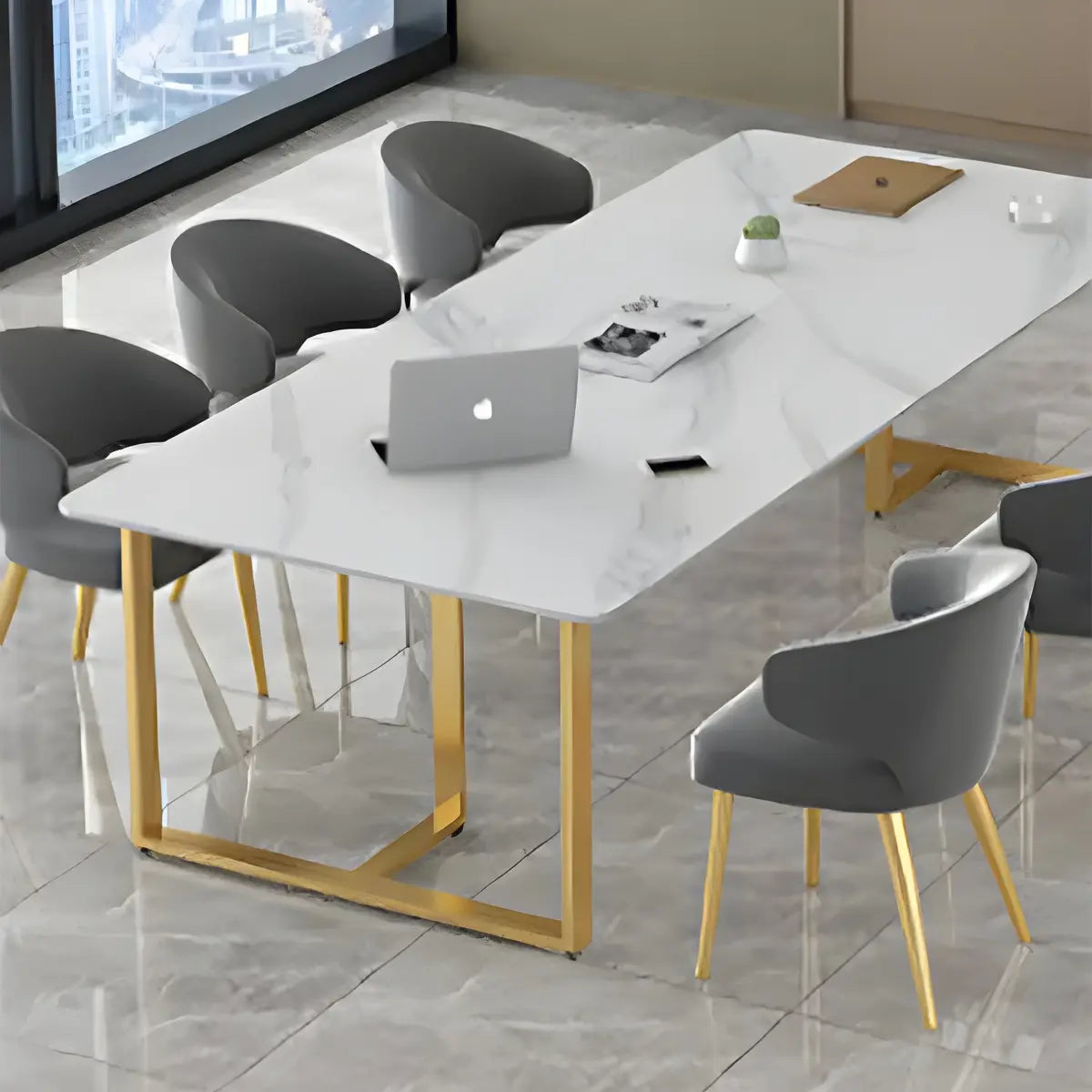 White Stone Rectangle Gold Steel Sled Conference Desk Image - 8