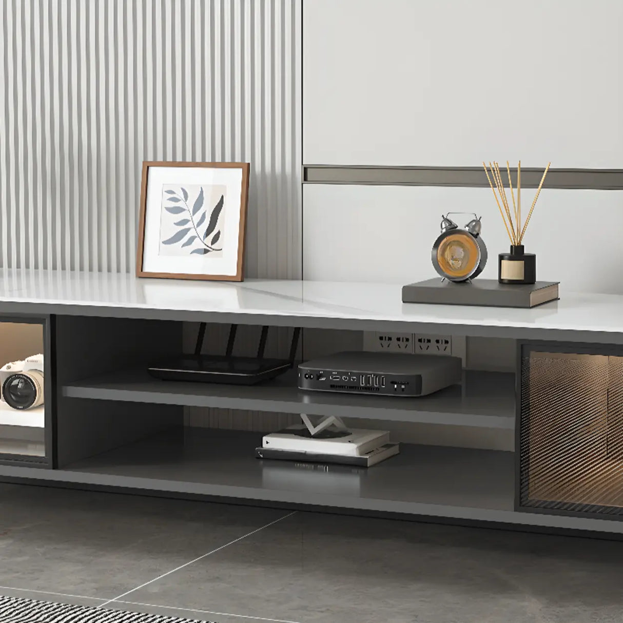 White Stone Rectangle Open Storage Shelves TV Stand Image - 10