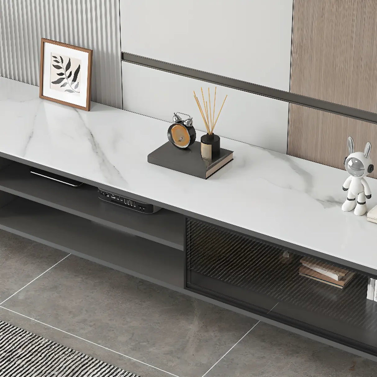 White Stone Rectangle Open Storage Shelves TV Stand Image - 11