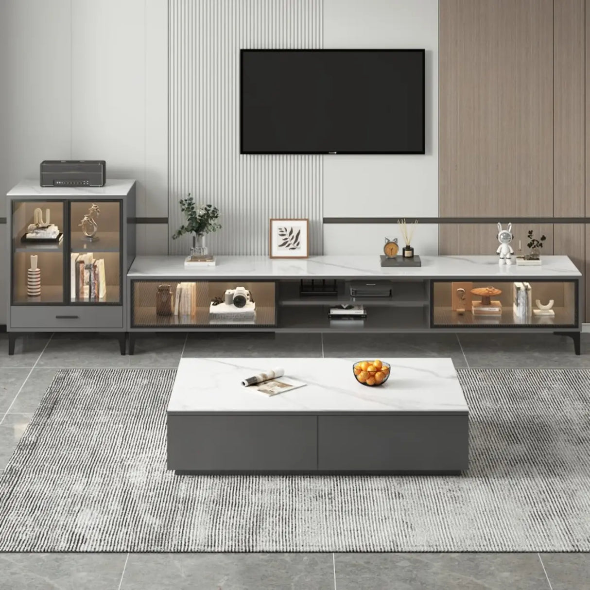 White Stone Rectangle Open Storage Shelves TV Stand Image - 1