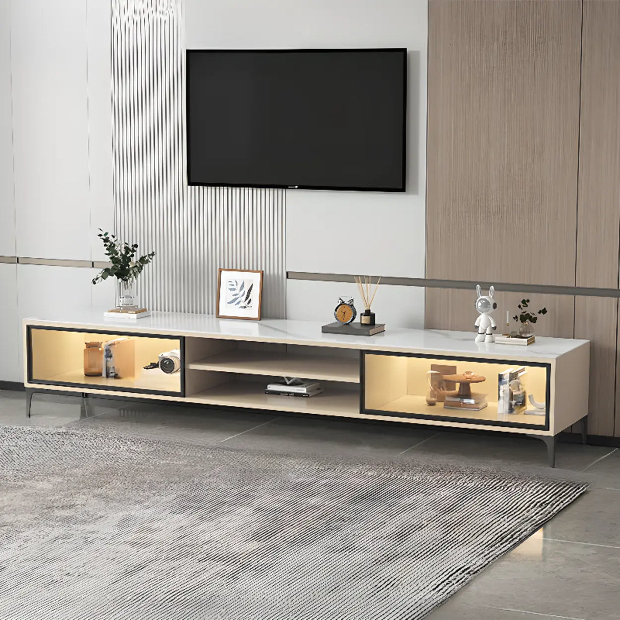 White Stone Rectangle Open Storage Shelves TV Stand Image - 2