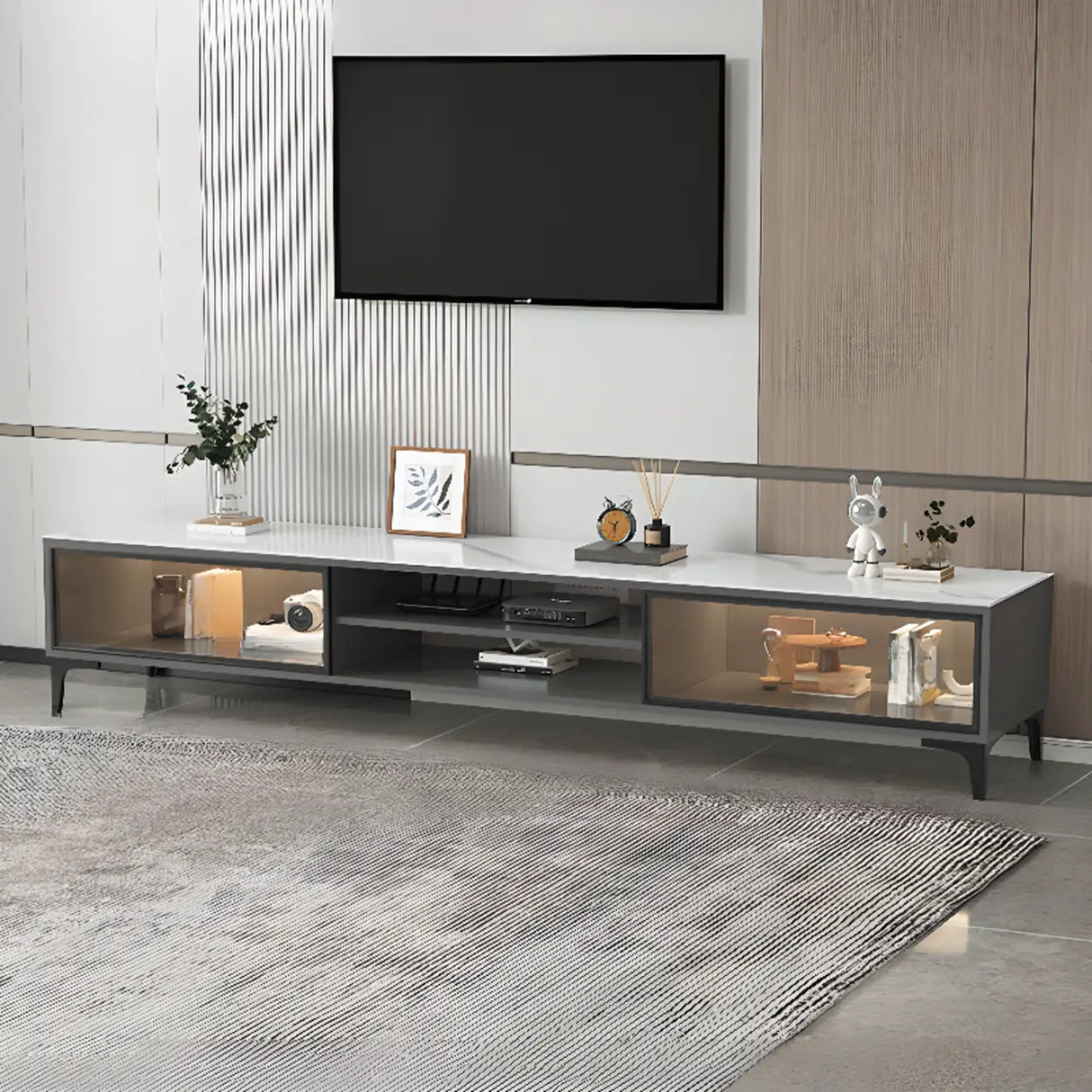 White Stone Rectangle Open Storage Shelves TV Stand Image - 3