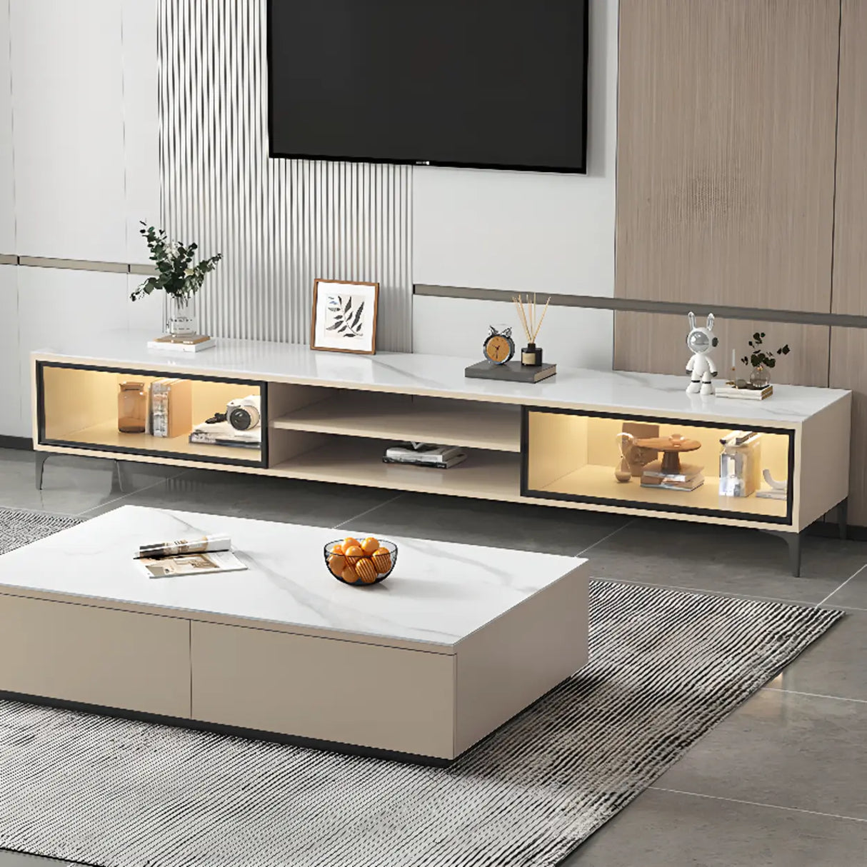 White Stone Rectangle Open Storage Shelves TV Stand Image - 4