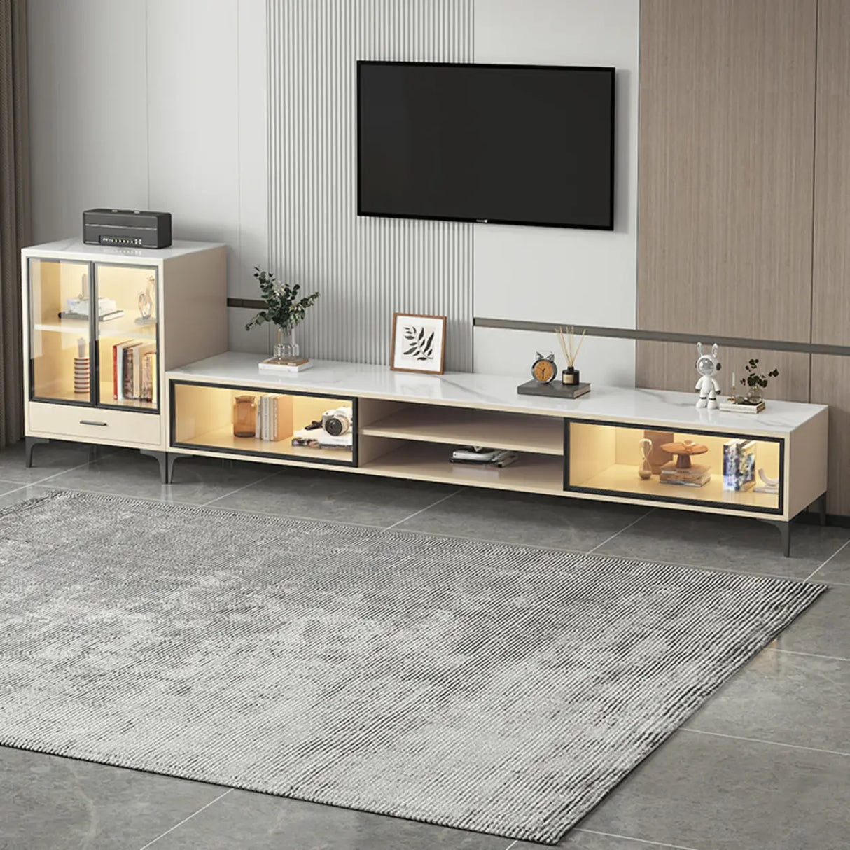 White Stone Rectangle Open Storage Shelves TV Stand Image - 5