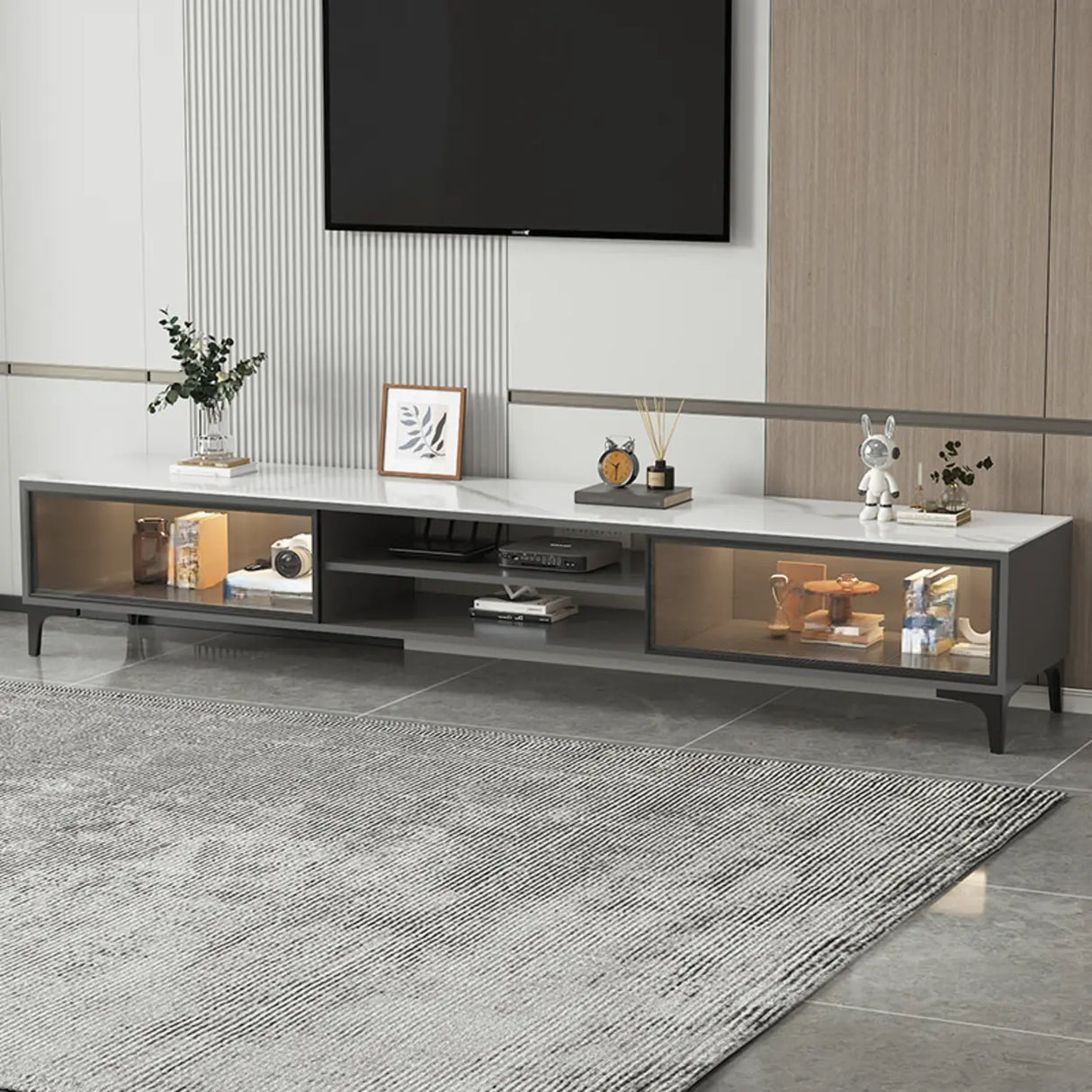 White Stone Rectangle Open Storage Shelves TV Stand Image - 6