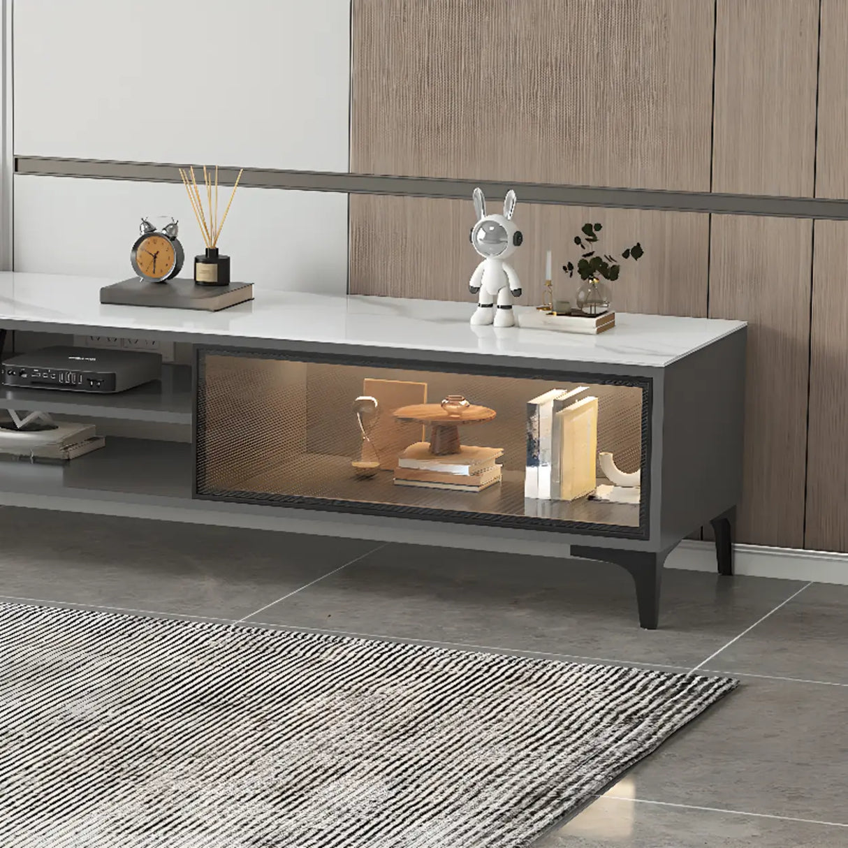 White Stone Rectangle Open Storage Shelves TV Stand Image - 7