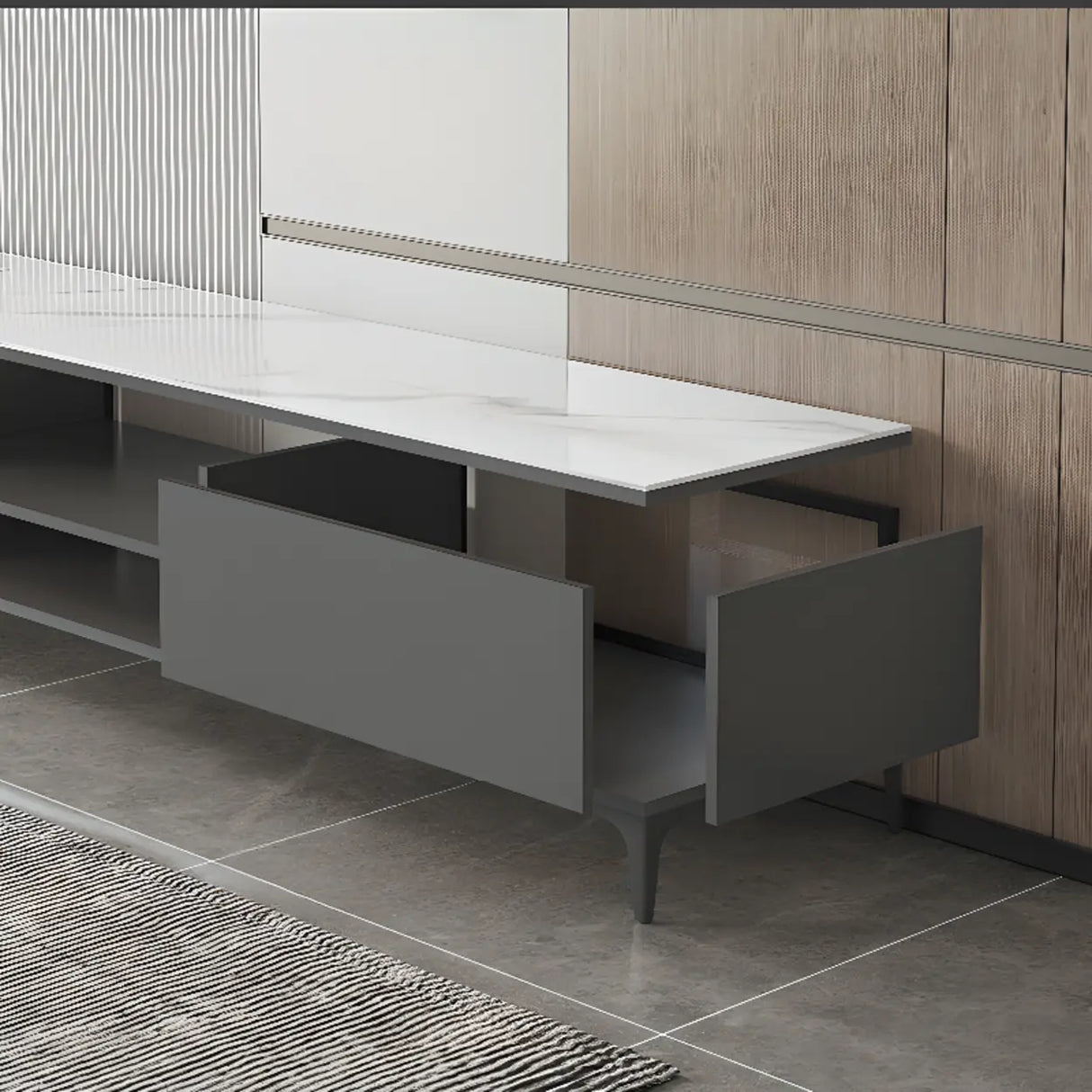 White Stone Rectangle Open Storage Shelves TV Stand Image - 8