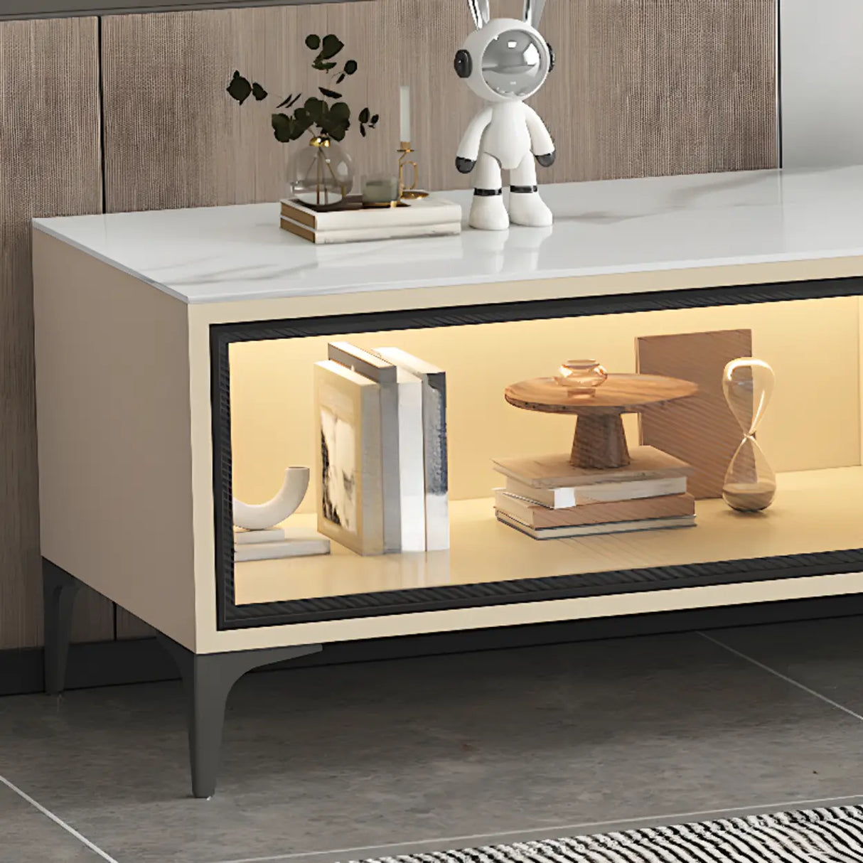 White Stone Rectangle Open Storage Shelves TV Stand Image - 9