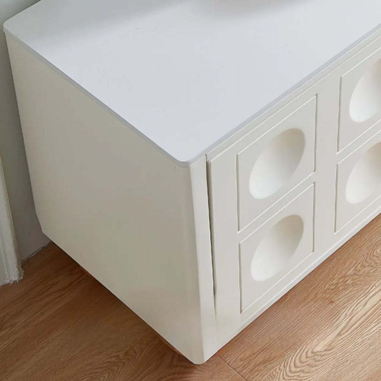 White Stone Rectangle Shelves Cabinet Long TV Stand Image - 10