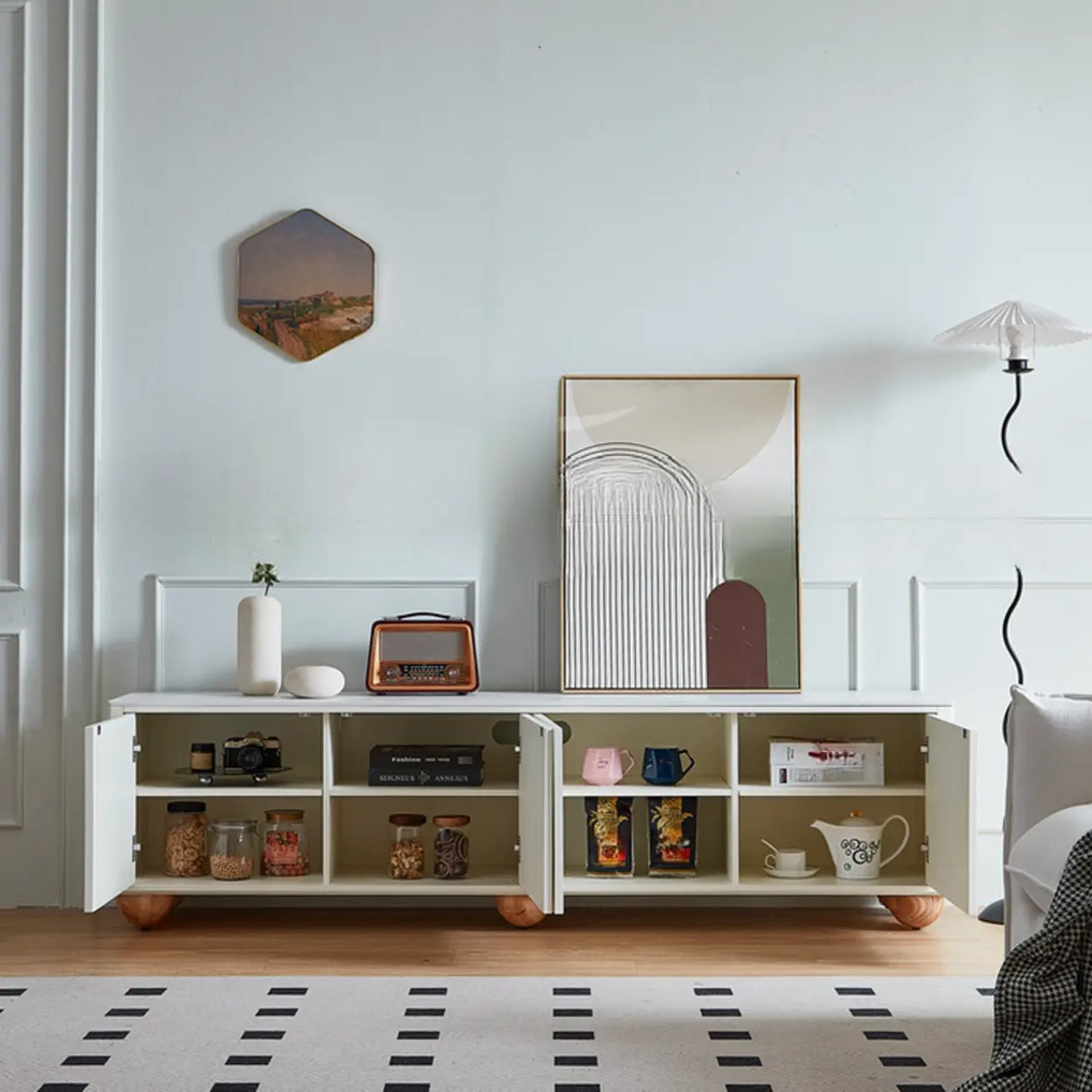 White Stone Rectangle Shelves Cabinet Long TV Stand Image - 4