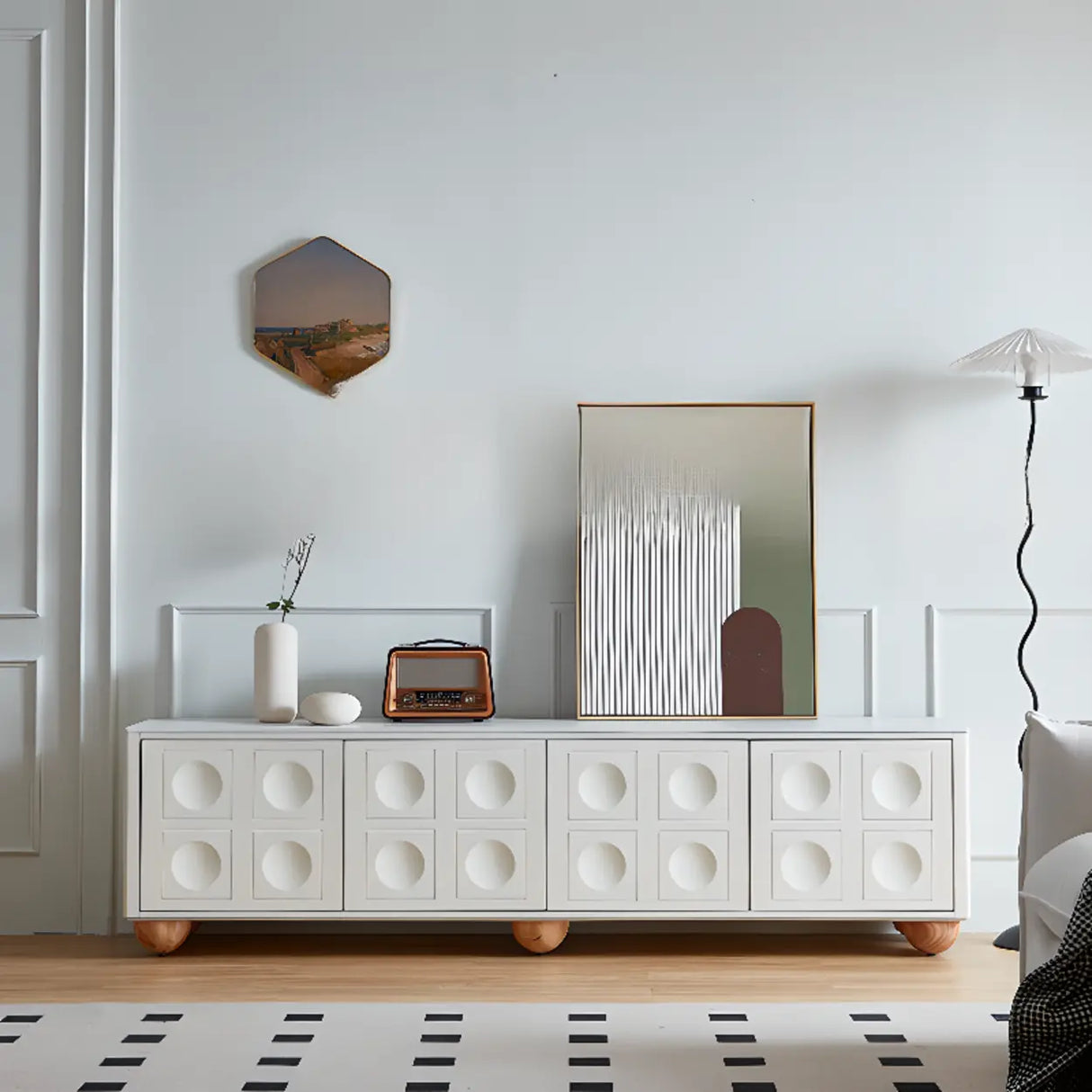 White Stone Rectangle Shelves Cabinet Long TV Stand Image - 5