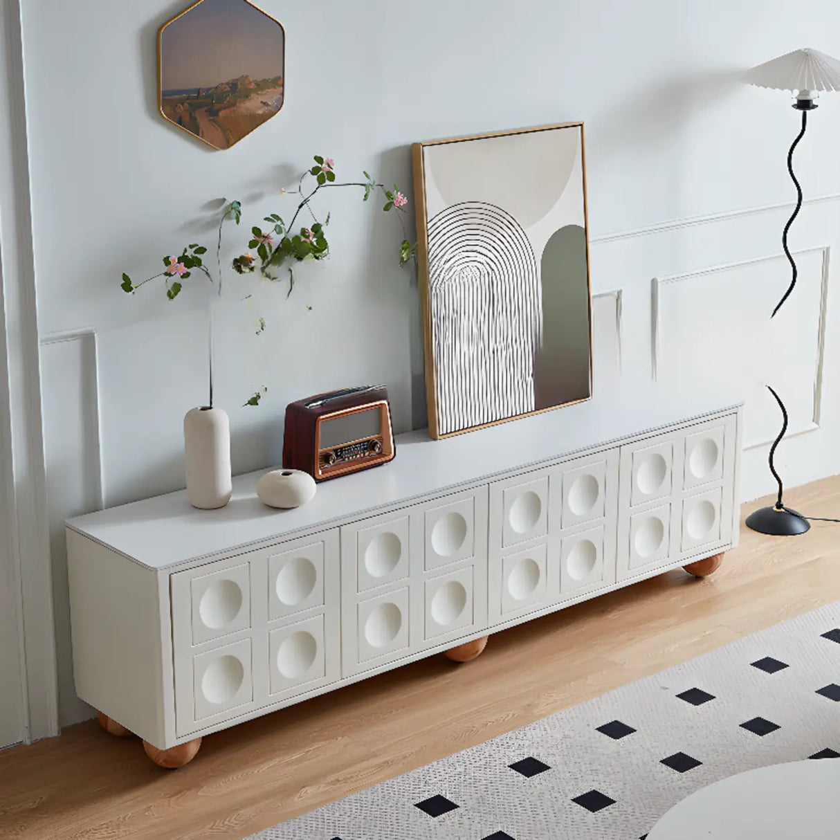 White Stone Rectangle Shelves Cabinet Long TV Stand Image - 6