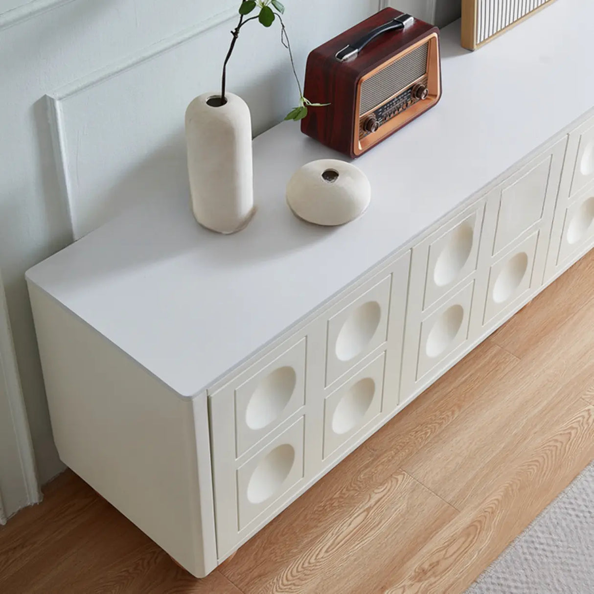 White Stone Rectangle Shelves Cabinet Long TV Stand Image - 7