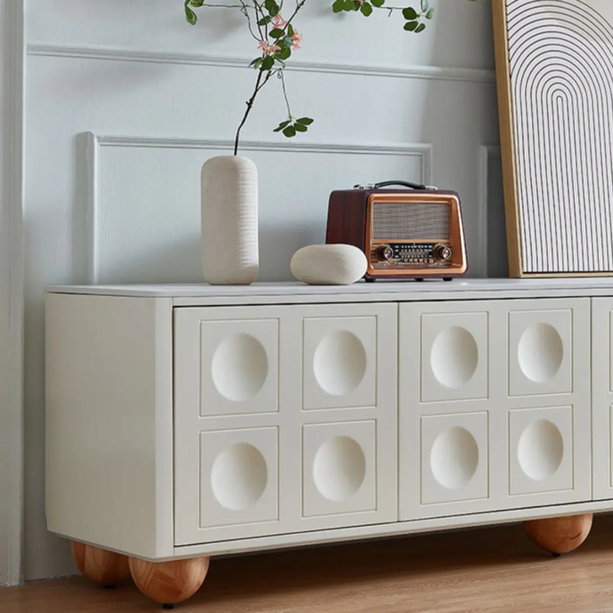 White Stone Rectangle Shelves Cabinet Long TV Stand Image - 8