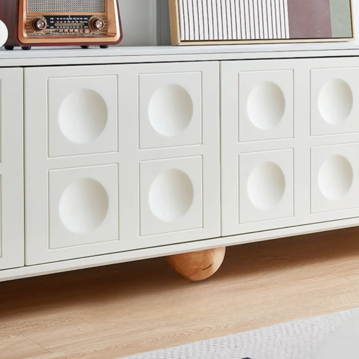 White Stone Rectangle Shelves Cabinet Long TV Stand Image - 9