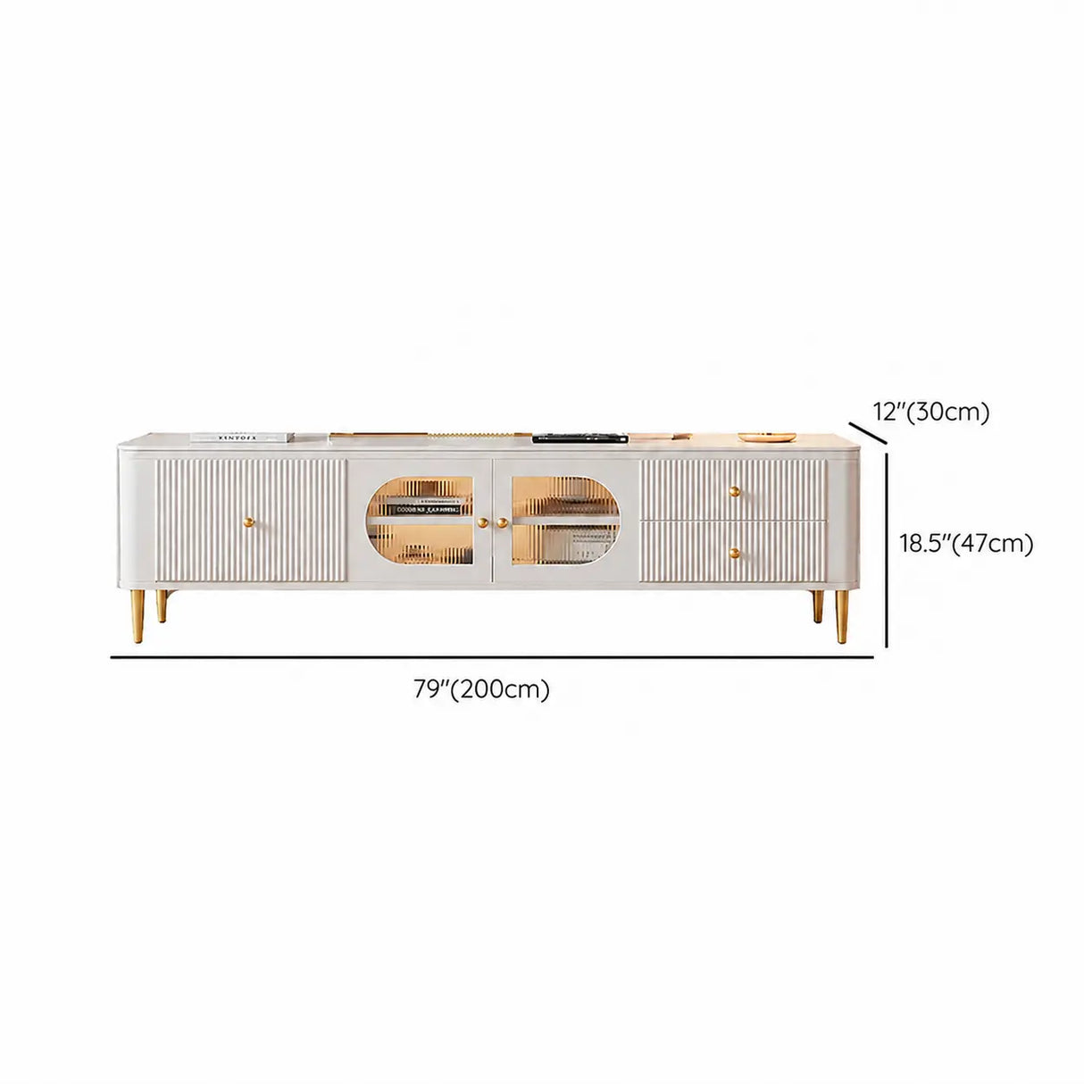 White Stone Rectangle Storage TV Stand with Lighting Image - 11