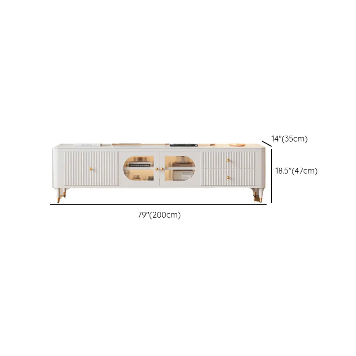 White Stone Rectangle Storage TV Stand with Lighting Image - 12