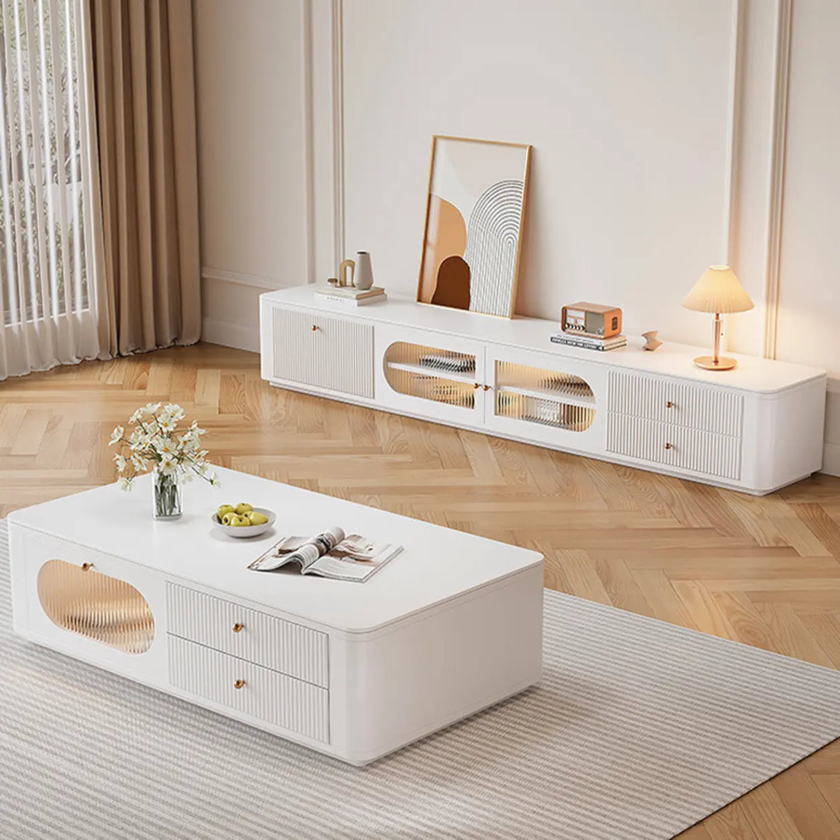 White Stone Rectangle Storage TV Stand with Lighting Image - 1