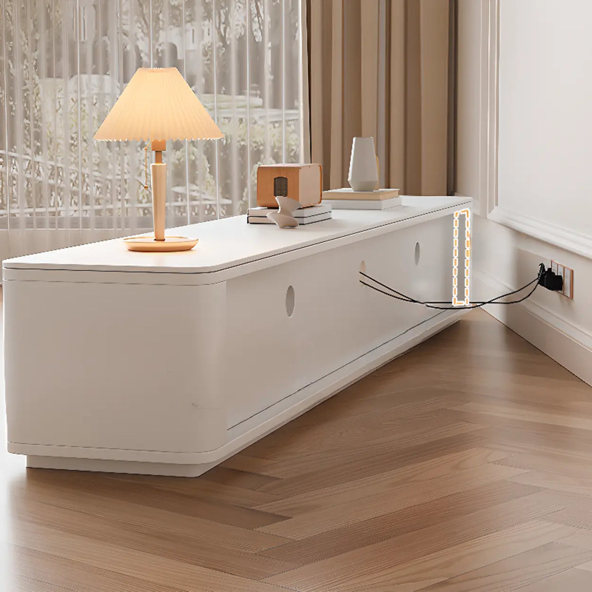 White Stone Rectangle Storage TV Stand with Lighting Image - 2