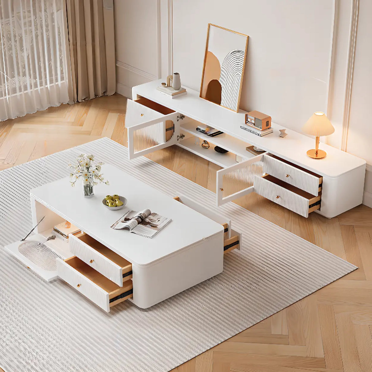 White Stone Rectangle Storage TV Stand with Lighting Image - 3