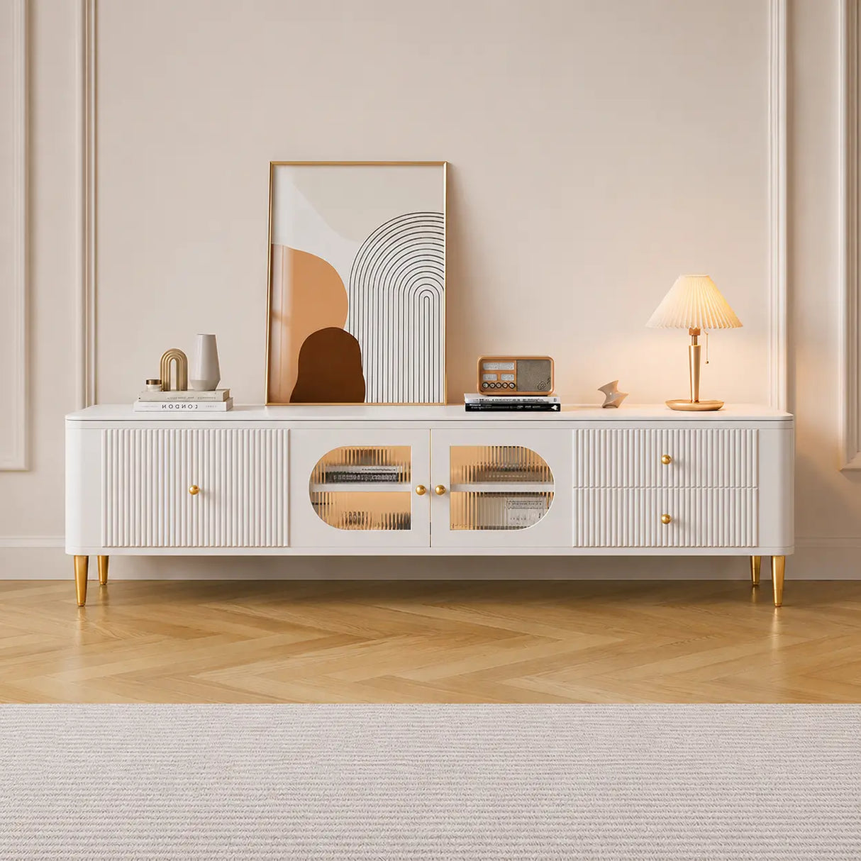 White Stone Rectangle Storage TV Stand with Lighting Image - 4