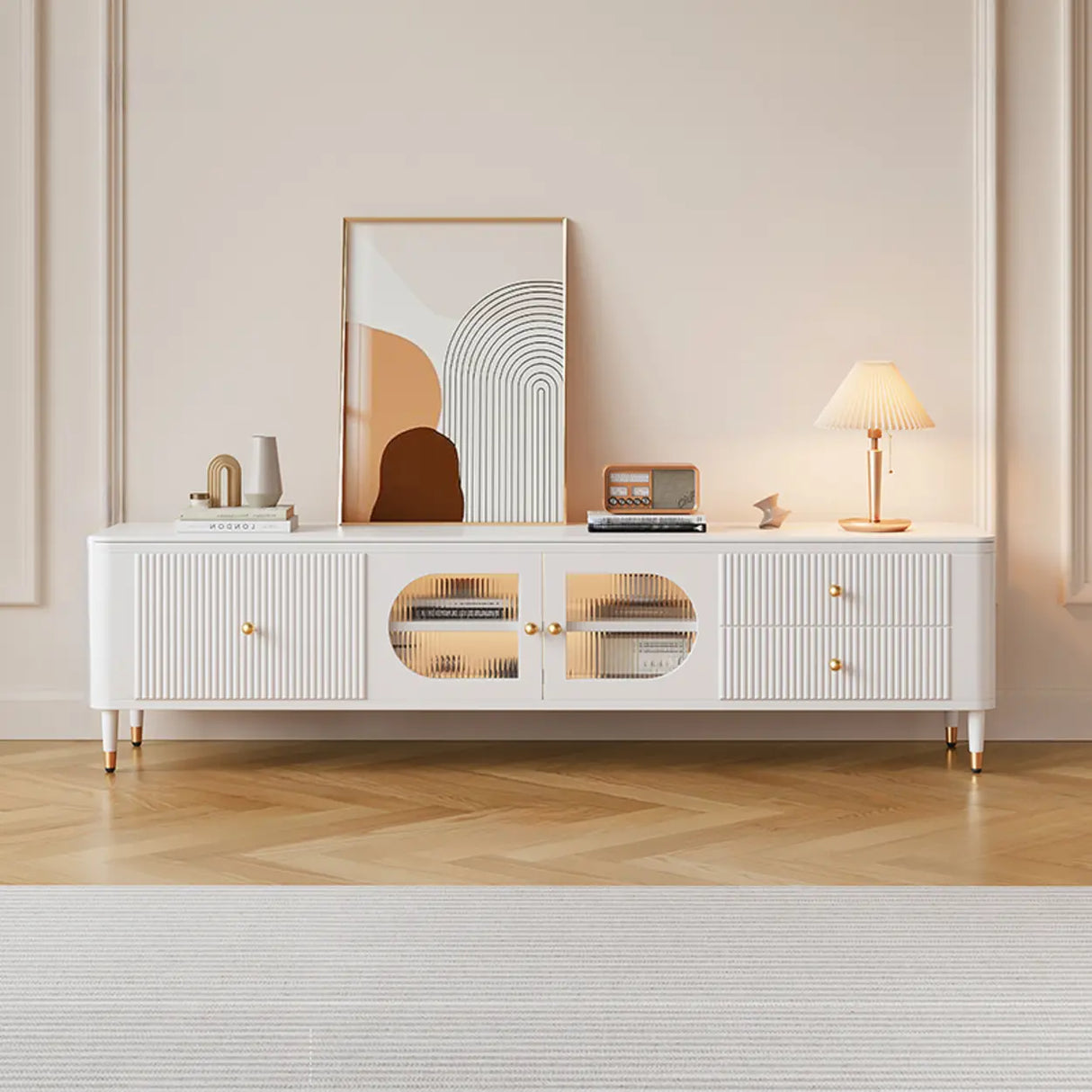 White Stone Rectangle Storage TV Stand with Lighting Image - 4